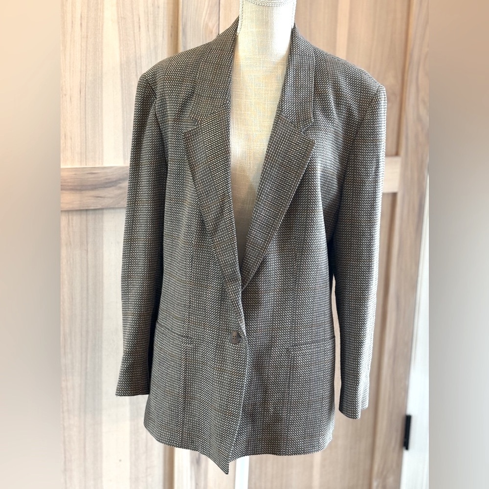 Vintage Madigans for Misses Wool Blazer. Neutral | Plaid Brown Womens Sz-16 EUC